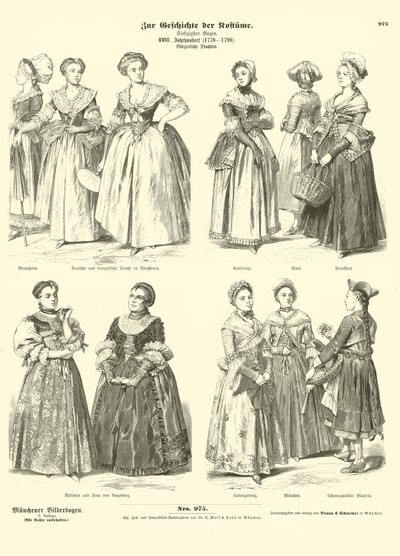 Französische und deutsche bürgerliche Frauenkostüme, spätes 18. Jahrhundert von German School