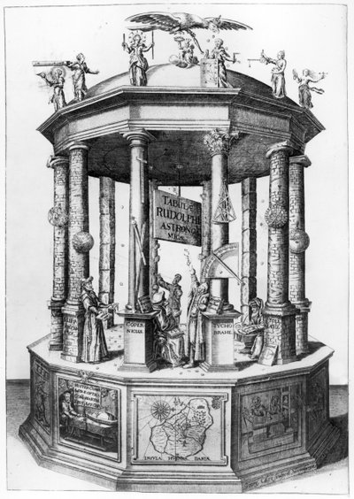 Frontispiz zu The Rudolphine Tables, zusammengestellt von Johannes Kepler, veröffentlicht 1627 von German School