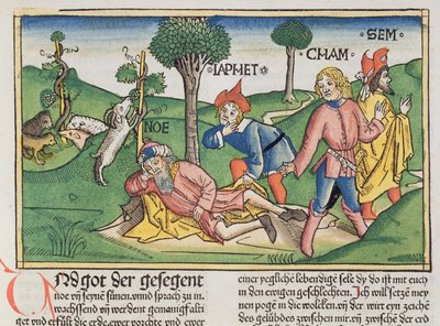 Genesis 9:20-27 Noah wird von seinen Söhnen Sem, Ham und Japhet mit einem Mantel bedeckt, aus der Nürnberger Bibel (Biblia Sacra Germanaica) von German School