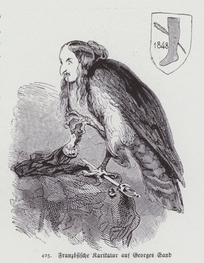 Deutsche Karikatur der französischen Schriftstellerin George Sand aus dem 19. Jahrhundert (Lithografie) von German School
