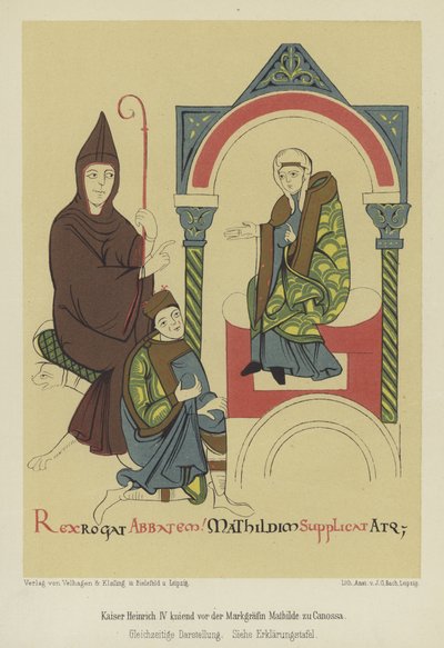 Heinrich IV., Heiliger Römischer Kaiser, kniend vor Markgräfin Matilda von Toskana in Canossa von German School