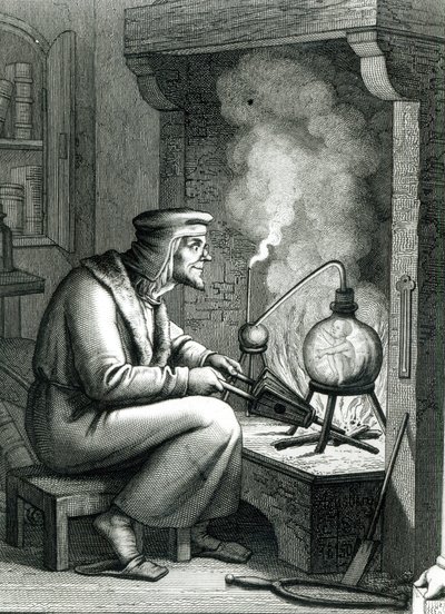 Illustration aus Goethes Faust, die Mephistopheles zeigt, wie er einen Homunkulus erschafft, 1854 von German School