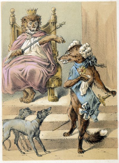 Illustration von Franz Hoffmanns Erzählungen „Märchen und Fabeln - Der Fuchs“: Ein Fuchs spricht vor dem Löwenkönig. Chromolithographie des 19. Jahrhunderts von German School