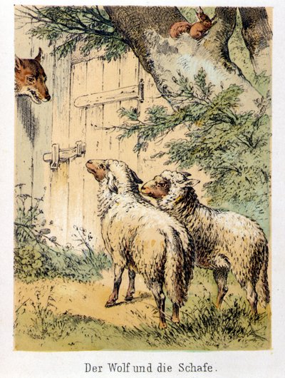 Illustration von Franz Hoffmanns Erzählungen „Märchen und Fabeln - Der Wolf und das Schaf“: Ein Wolf spricht mit den beiden Schafen. Chromolithographie des 19. Jahrhunderts von German School