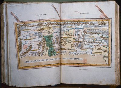 Karte des Heiligen Landes, basierend auf Beschreibungen und Koordinaten in Cosmographica von Ptolemäus (Claudius Ptolemaeus von Alexandria) (ca. 90-168 n. Chr.), veröffentlicht in Ulm, Deutschland, von Johann Reger von German School