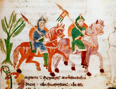 Ritter mit Pferden. Miniatur aus dem Manuskript „De Universo“ von Rabanus Maurus Magnentius (9. Jahrhundert) von German School
