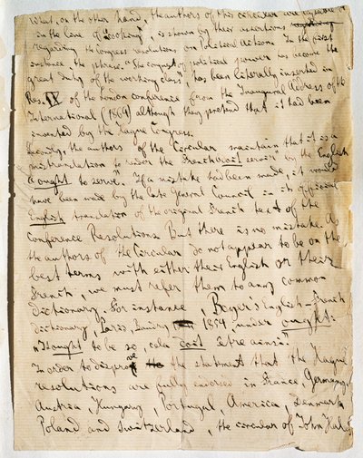 Manuskriptseite eines Artikels von Karl Marx, in der Zeitung International Herald, veröffentlicht am 25. Januar von German School