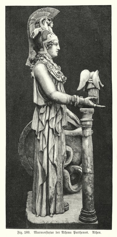 Marmorstatue der antiken griechischen Göttin Athena, vom Parthenon, Athen (Gravur) von German School