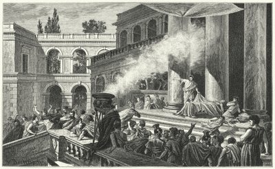Marcus Antonius löst mit seiner Rede bei der Beerdigung von Julius Caesar einen Aufruhr aus, 44 v. Chr. von German School