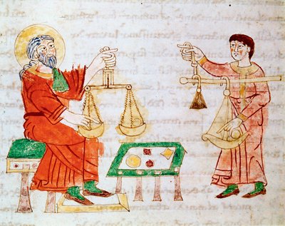 Händler verwenden Waagen zum Wiegen und Feilschen. Miniatur aus dem Manuskript „De Universo“ oder „De rerum naturis“ von Rabanus Maurus Magnentius (ca. 780-856). 9. Jahrhundert. Archiv von Monte C von German School