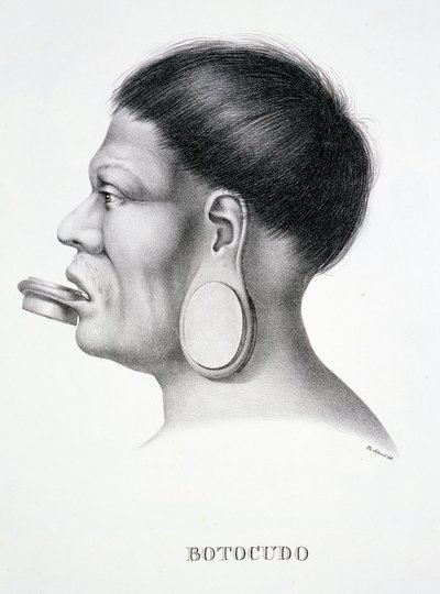 Einheimischer Mann des Botocudo-Stammes mit Gesichtsschmuck, aus Atlas einer Reise in Brasilien von Dr. von Spix und Dr. von Martius von German School