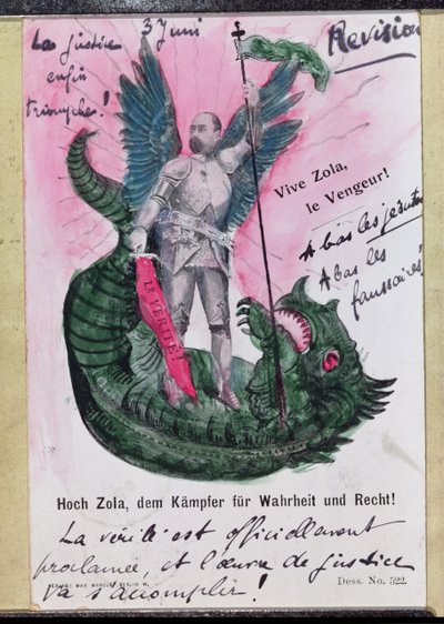 Postkarte, die den edlen Zola, Kämpfer für Wahrheit und Gerechtigkeit, darstellt, mit Anmerkungen von German School