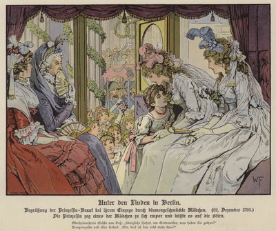 Prinzessin Louise von Mecklenburg-Strelitz küsst eines der Mädchen, die Unter den Linden säumen, um ihre Ankunft in Berlin zu ihrer Hochzeit mit Kronprinz Friedrich III. von Preußen zu begrüßen, 22. Dezember 1793 von German School