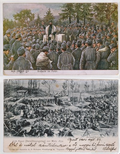 Religiöse Dienste auf dem Schlachtfeld, oberes Bild zeigt deutsche jüdische Soldaten beim Gebet während des Ersten Weltkriegs, unten ein Jom-Kippur-Gottesdienst in Metz während des Deutsch-Französischen Krieges von 1870 (Farbstich) von German School