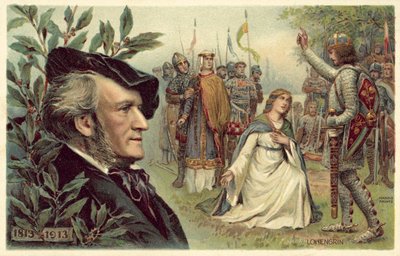 Richard Wagner und eine Szene aus seiner Oper Lohengrin von German School