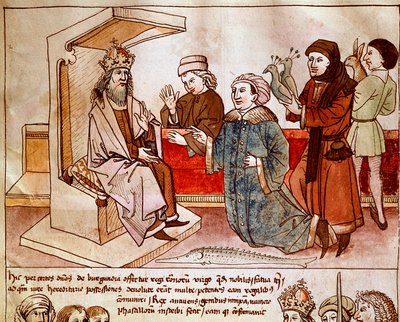 Sigismund I. von Luxemburg (1368-1437), Kaiser des Heiligen Römischen Reiches, empfängt den Tribut der unterworfenen Völker. Miniatur aus „Chroniken des Konzils von Konstanz“ von Ulrich Richental (1360-1437) um 1438, Prag, Nationalbibliothek von German School
