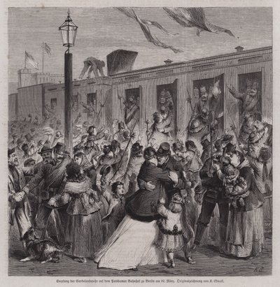 Soldaten der preußischen Gardelandwehr werden am Bahnhof Potsdam, Berlin, nach ihrer Rückkehr aus dem Deutsch-Französischen Krieg am 22. März 1871 begrüßt von German School