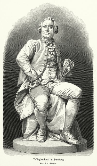 Statue in Hamburg von Fritz Schaper des deutschen Dramatikers und Philosophen Gotthold Ephraim Lessing (Lithographie) von German School