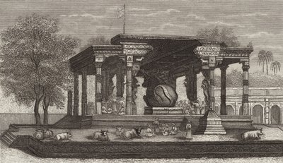Statue des heiligen Stiers Nandi in einem Hindu-Tempel in Tanjore, Indien. Illustration für Bilder-Atlas von German School