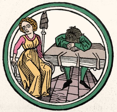 Die vier Temperamente: Melancholisch. Xylographie, Augsburg 1480 von German School
