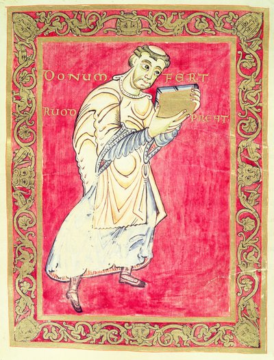 Der Mönch Ruodprehet präsentiert sein Buch, aus dem Psalter von Egbert, Erzbischof von Trier von German School