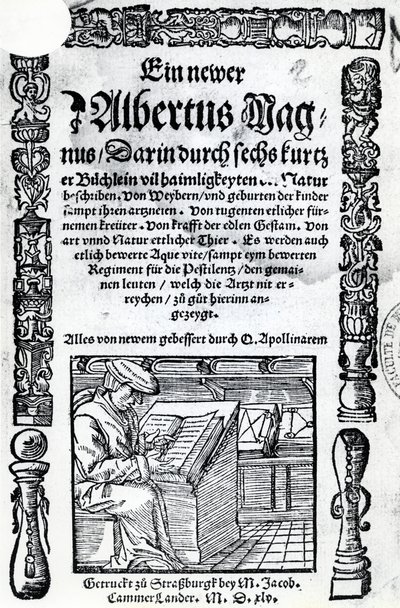 Titelseite für einen neuen Albertus Magnus: sechs kurze Bücher, die viele der Geheimnisse der Natur beschreiben, veröffentlicht 1514 von German School