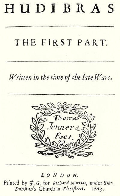 Titelseite des satirischen Gedichts Hudibras von dem englischen Dichter Samuel Butler, veröffentlicht 1663 (Stich) von German School
