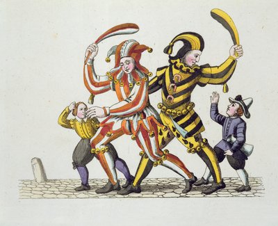 Zwei Possenreiter spielen mit Kindern, aus Alte Nürnberger Bräuche und Spiele und Lieder, neu veröffentlicht 1831 von German School