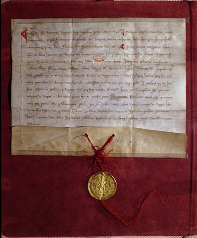 Verpflichtung des Kaisers Friedrich II. (1194-1250), König Ludwig IX. (1214-70) für den Siebten Kreuzzug 1246 mit Pferden, Waffen und Proviant zu versorgen von German School