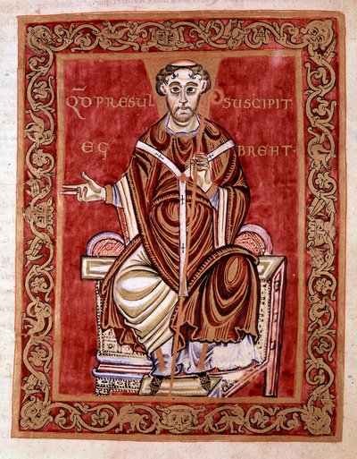 Der Bischof Egbert von Trier erhält den Psalter aus den Händen des Mönchs Rudprecht (hier nicht dargestellt) - Miniatur aus dem Codex Egberti von der Reichenauer Schule, 980 - Cividale del Friuli, Archäologisches Museum oder Kathedrale von Cividale. von German School