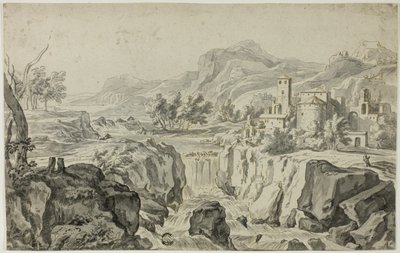 Italienische Landschaft mit Wasserfall und Gebäuden von Gerrit Rademaker