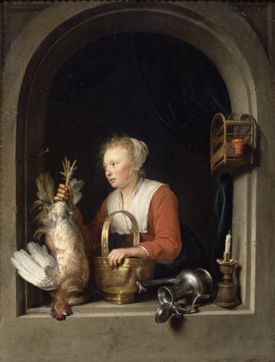Die niederländische Hausfrau oder Die Frau, die einen Hahn ins Fenster hängt, 1650 von Gerrit Dou