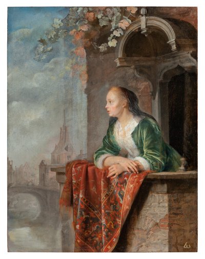 Junge Dame auf einem Balkon, um 1664 von Gerrit Dou