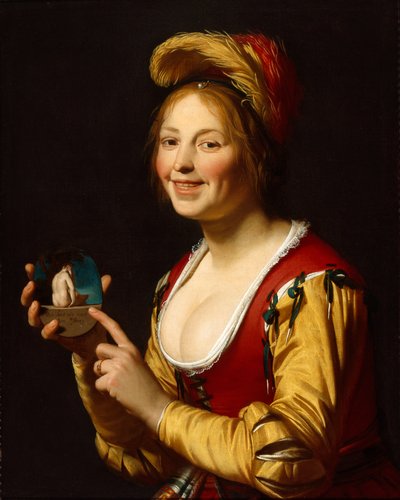 Lächelndes Mädchen, eine Kurtisane, die ein obszönes Bild hält von Gerrit van Honthorst