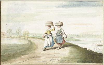 Zwei Bäuerinnen, die in einer Landschaft laufen von Gesina ter Borch (signed by artist)