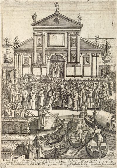 Der Doge und sein Gefolge hören die Vesper am Weihnachtstag in der Kirche San Giorgio Maggiore in Venedig von Giacomo Franco