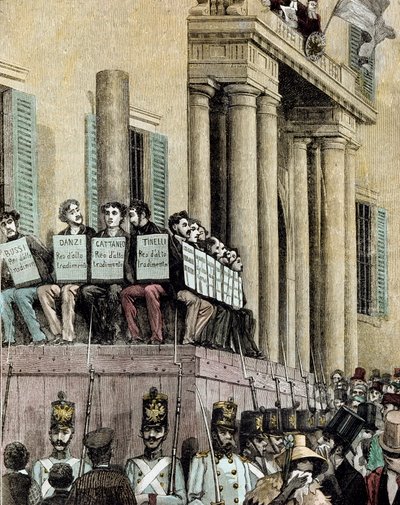 Risorgimento: Mitglieder der Giovine Italia Bewegung (einschließlich Carlo Cattaneo (1801-1869), Tinelli, Danzi, Bussi) vor dem Justizpalast in Mailand, hören das Urteil, das sie 1848 ins Exil verurteilt von Giacomo Mantegazza