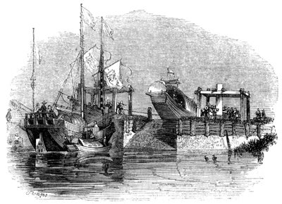 Boot über eine Schleuse oder ein Wehr auf einem Kanal gezogen, 1847 von Giles