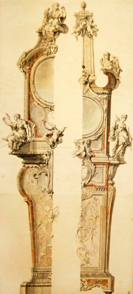 Entwurf eines Gehäuses für Uhr und Barometer mit Thermometer, zwei Versionen, frühe 1730er Jahre von Gilles Marie Oppenord