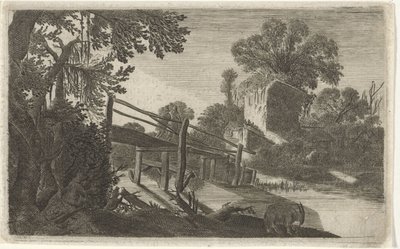 Holzbrücke bei einer Ruine (Sechs Landschaften) von Gillis van Scheyndel (I)