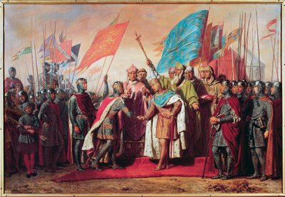 Dritter Kreuzzug (1189-1192): Treffen und Händedruck zwischen Philipp August (Philipp II. von Frankreich) von Gillot Saint Evre