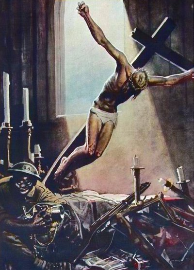 Anti-Amerikanisches WWII-Poster - Schwarzer Amerikaner plündert Kirche - Poster von Gino Boccasile (1901-1952) - Italienische Propaganda Anti-USA 1943 - Poster von Gino Boccasile (1901-1952) von Gino Boccasile