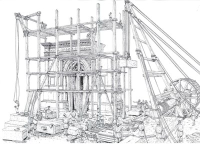 Antikes Rom: Rekonstruktion einer Baustelle eines Bogens im 1. Jahrhundert n. Chr. Die Arbeiter heben die Marmorblöcke mit Gerüsten und Flaschenzügen. Illustration von Giorgio Albertini von Giorgio Albertini