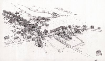 Antikes Rom: Rekonstruktion eines Dorfes in römischem Britannien (Britannia oder Insel Britannien) im 2. Jahrhundert. Illustration von Giorgio Albertini von Giorgio Albertini