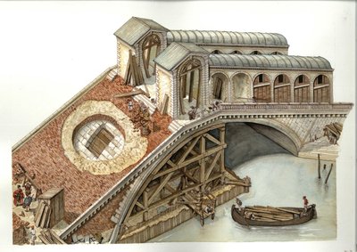 Architektur: Bau der Rialto-Brücke 1588-1591 in Venedig, Italien. Illustration von Giorgio Albertini. von Giorgio Albertini