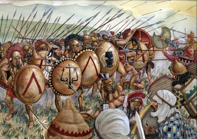 Schlacht bei den Thermopylen: Die Armee der Spartaner unter dem Kommando von Leonidas I kämpft gegen die Griechen gegen die Perser im Jahr 480 v. Chr. von Giorgio Albertini
