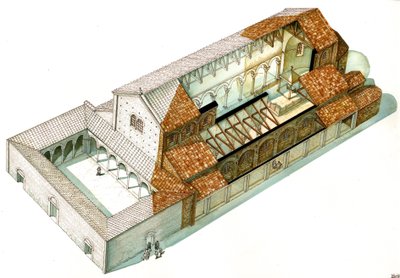 Byzantinische Kunst: Rekonstruktion der Basilika von Cabianca, gegründet unter Kaiser Justinian I (482-565) in Ravenna (Ravenna). Italien von Giorgio Albertini