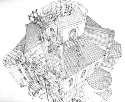 Byzantinische Kunst: Darstellung der Baustelle der Basilika San Vitale in Ravenna im 5. Jahrhundert. Luftansicht zeigt die Arbeiter auf dem Gerüst, die am Rahmen der Kuppel arbeiten. Italien Illustration von Giorgi von Giorgio Albertini