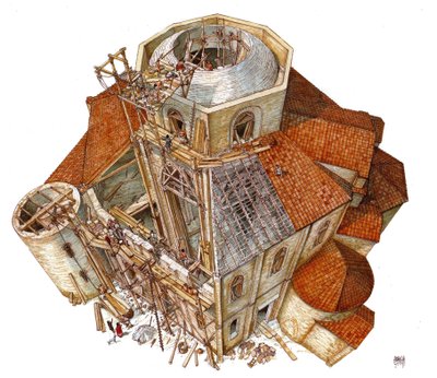 Byzantinische Kunst: Darstellung der Baustelle der Basilika von St. Vital (San Vitale) in Ravenna im 5. Jahrhundert. Luftansicht zeigt die Arbeiter auf dem Gerüst, die am Rahmen der Kuppel arbeiten. Italien Illustration von Giorgio Albertini von Giorgio Albertini