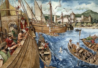 Kolonisierung der Goldküste (Ghana) in Afrika: Die Portugiesen landeten am 21.01.1482 an der Küste von Guinea und bauten das Fort Sao Jorge de Mina (Elmina), um den Gold- und Sklavenhandel zu stärken. Portugiesische Karavellen entlang der afrikanischen Küs von Giorgio Albertini